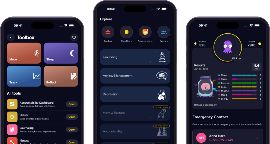 Noor app screens showing explore modules and daily wellbeing tools